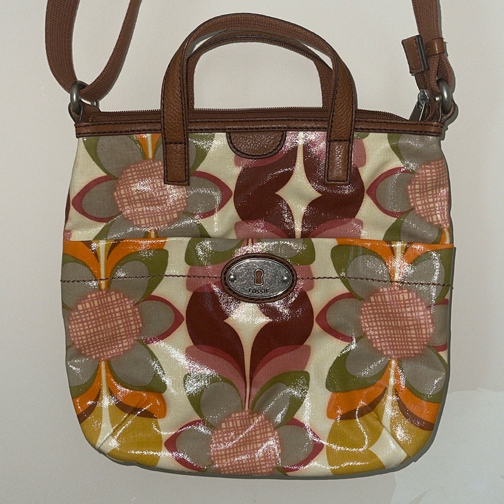 Fossil Key-Per Multicolor Crossbody Bag Coated Fabric Floral Purse Excellent Con